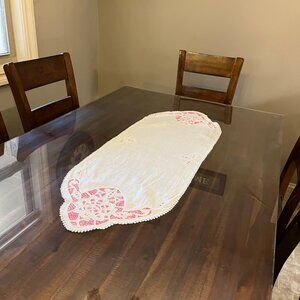 Vintage Linen Table Runner Cream Pink Cutwork Embroidered Floral Lace 45” Used
